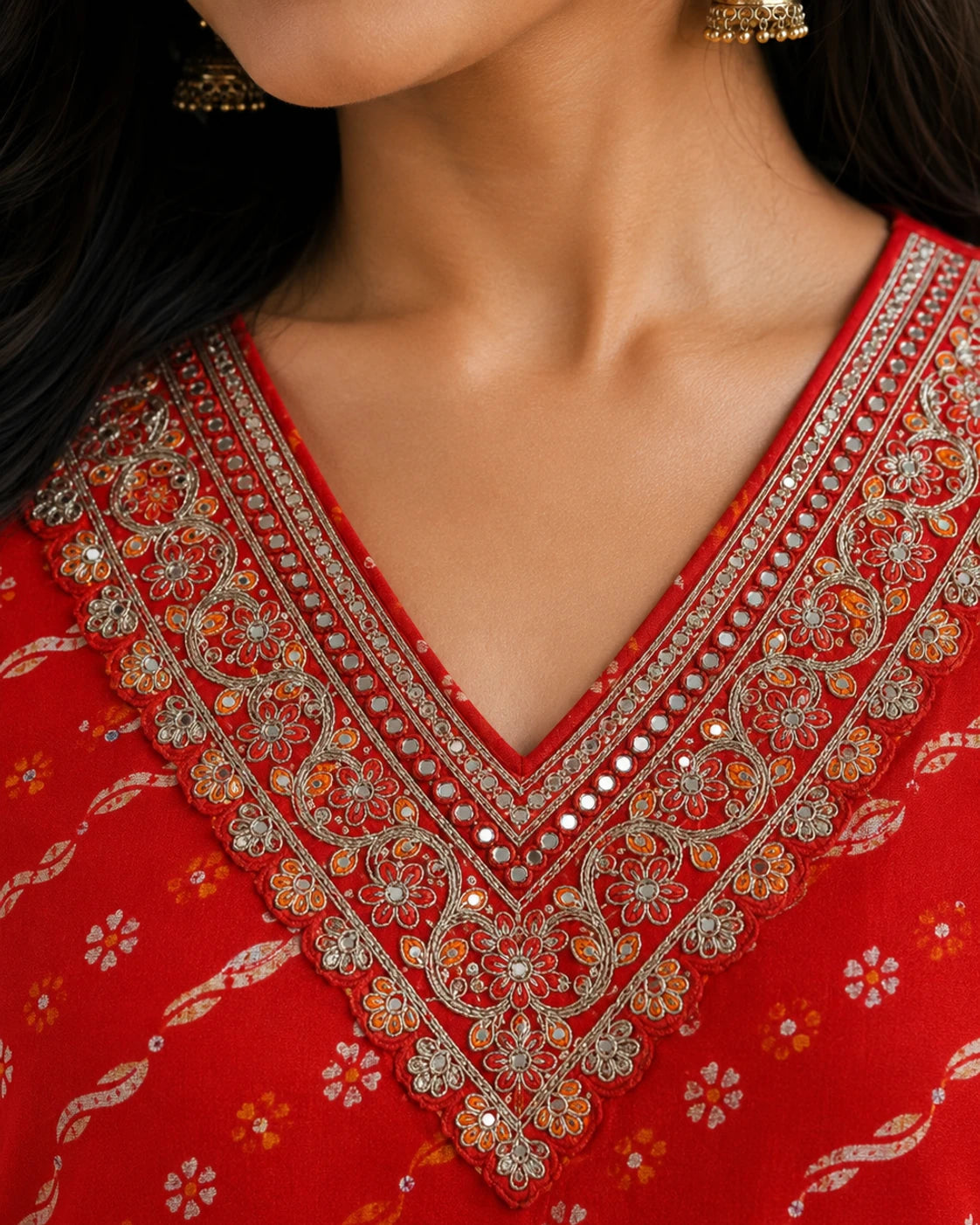 Red Foil Print Rayon Kurti with Embroidered Neckline
