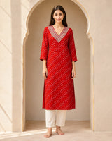 Red Foil Print Rayon Kurti with Embroidered Neckline