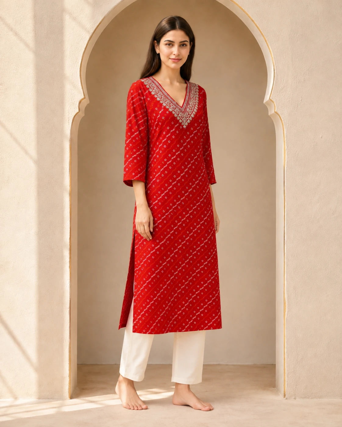 Red Foil Print Rayon Kurti with Embroidered Neckline