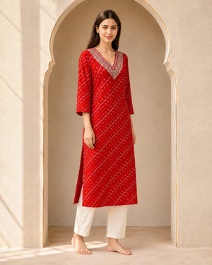 Red Foil Print Rayon Kurti with Embroidered Neckline