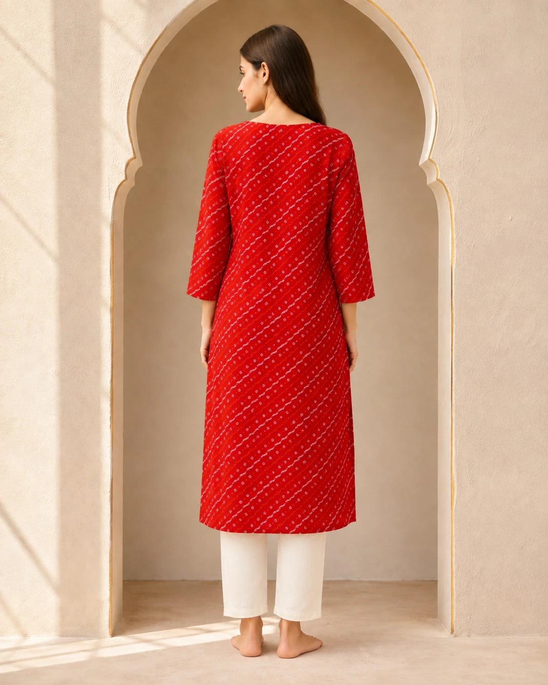 Red Foil Print Rayon Kurti with Embroidered Neckline