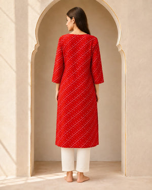 Red Foil Print Rayon Kurti with Embroidered Neckline