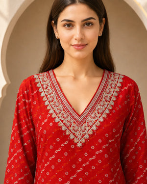 Red Foil Print Rayon Kurti with Embroidered Neckline