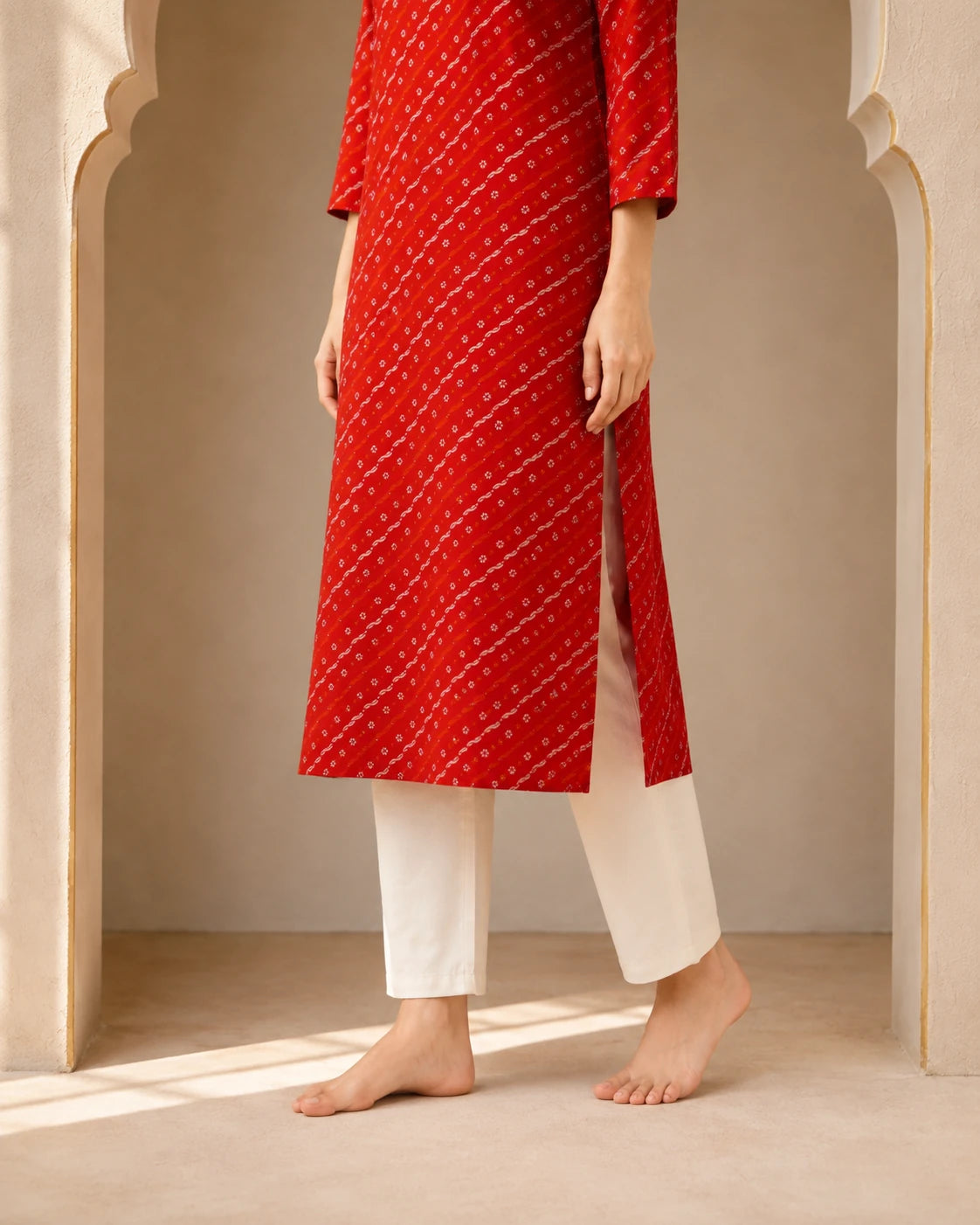 Red Foil Print Rayon Kurti with Embroidered Neckline