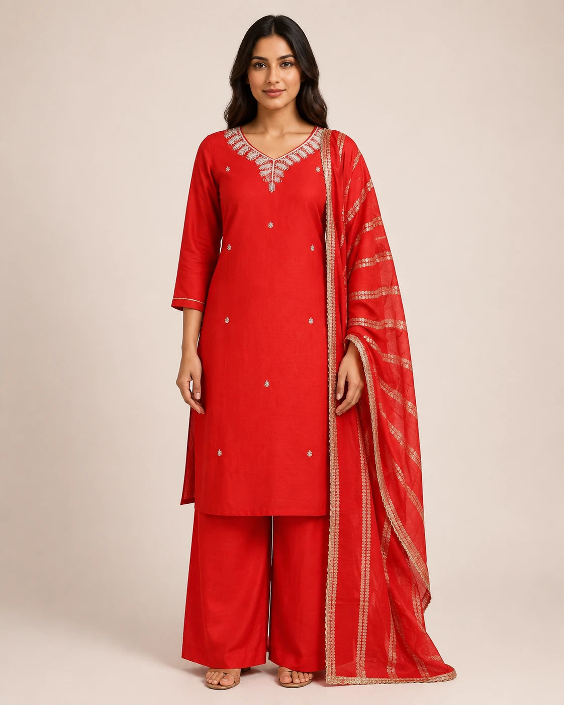 A woman modeling a red Indian ethnic suit set featuring a kurta with silver embroidery, matching wide-leg trousers, and a sheer red dupatta with gold zari borders, set against a plain beige studio background.