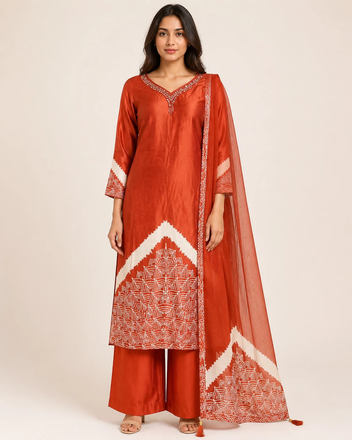 Rust Gajji Silk Mirror Work Suit Set