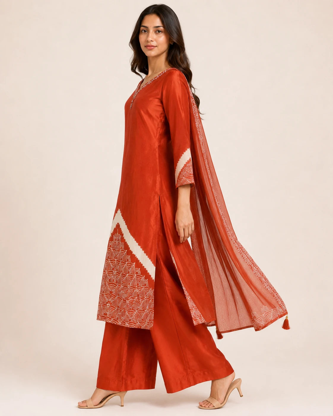 Rust Gajji Silk Mirror Work Suit Set