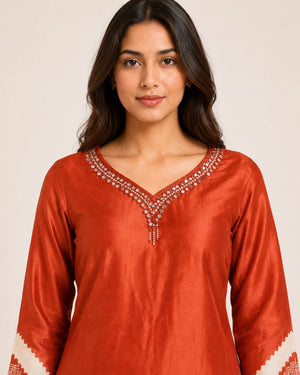 Rust Gajji Silk Mirror Work Suit Set