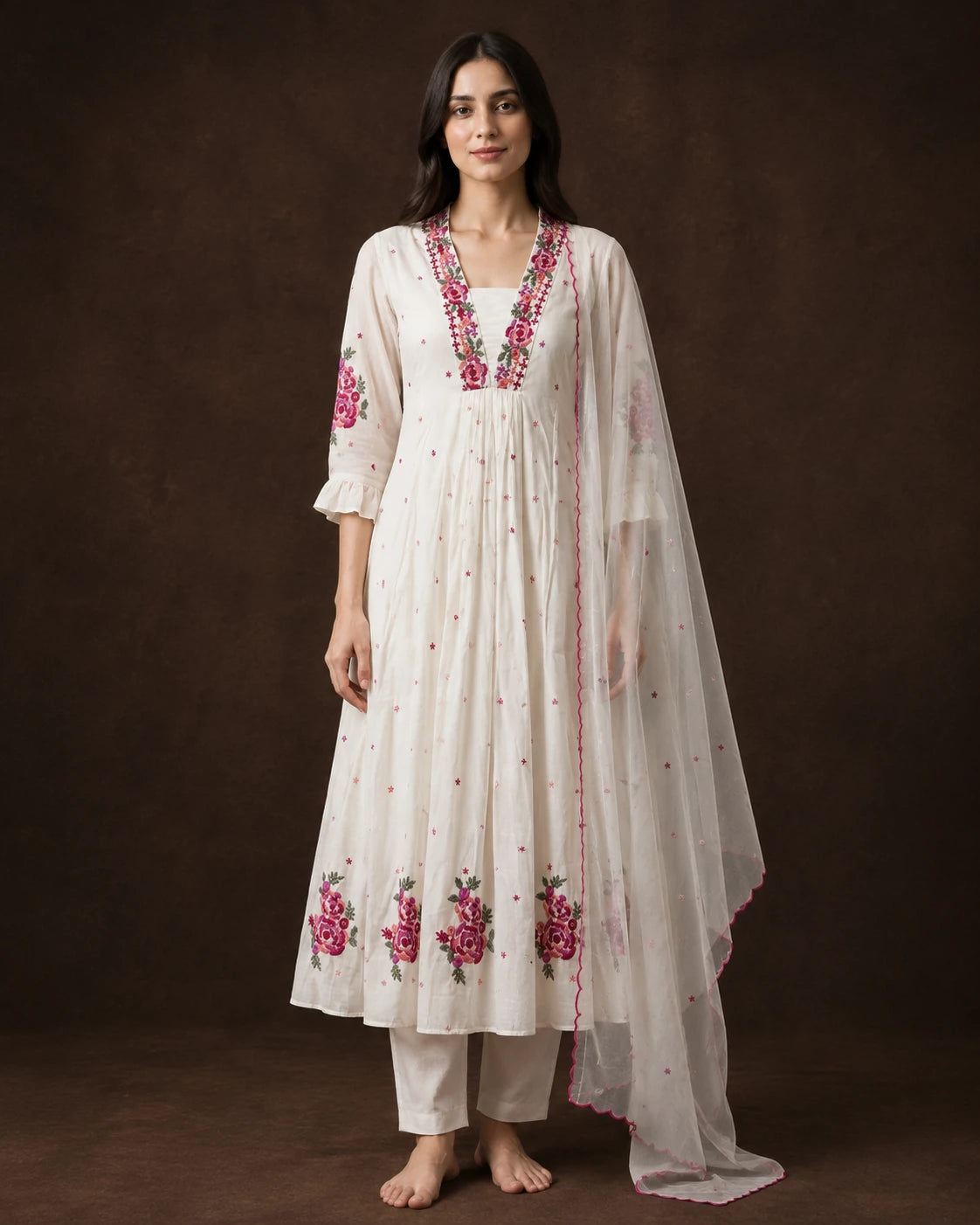 Off White Cotton Hand Embroidered Frock Suit Set