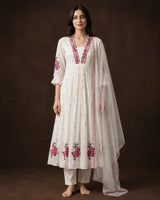 Off White Cotton Hand Embroidered Frock Suit Set