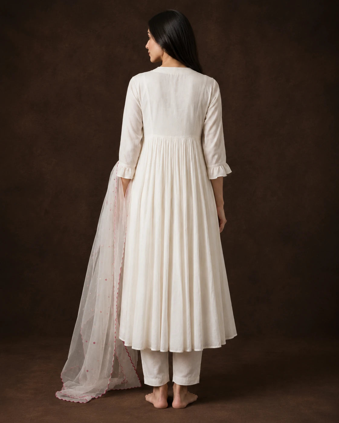 Off White Cotton Hand Embroidered Frock Suit Set