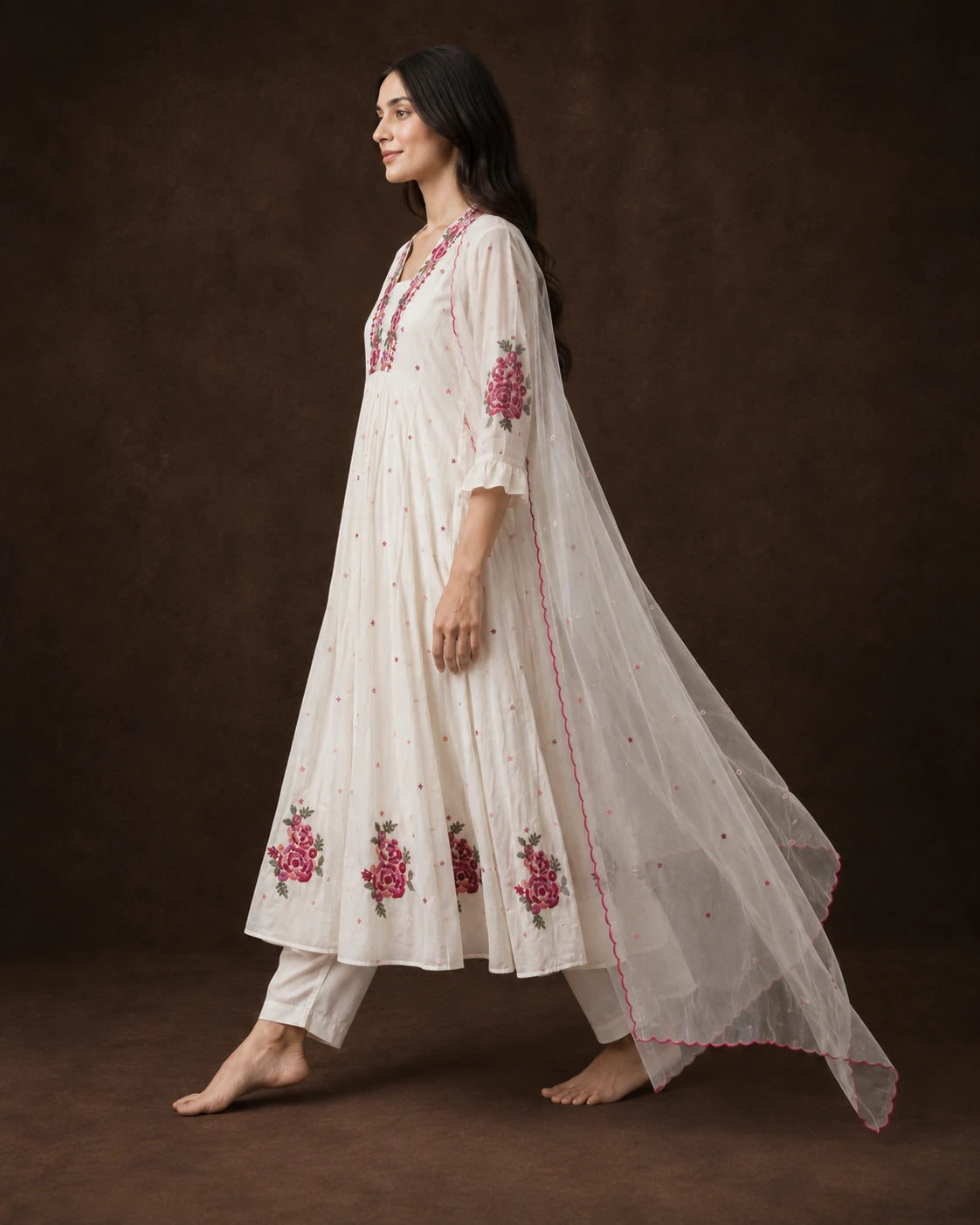 Off White Cotton Hand Embroidered Frock Suit Set