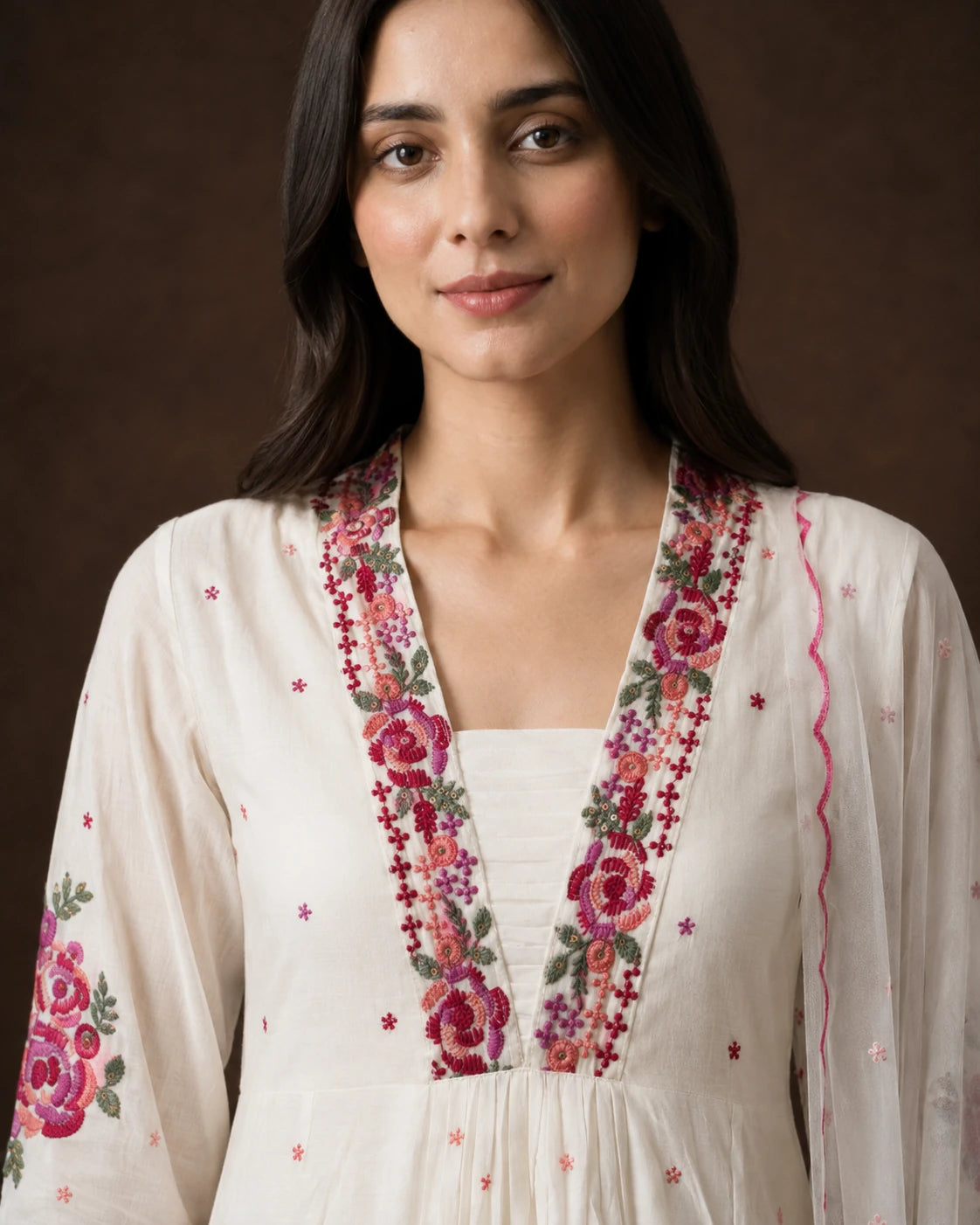 Off White Cotton Hand Embroidered Frock Suit Set