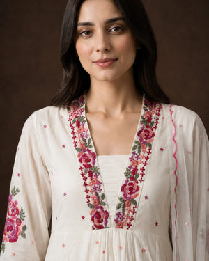 Off White Cotton Hand Embroidered Frock Suit Set