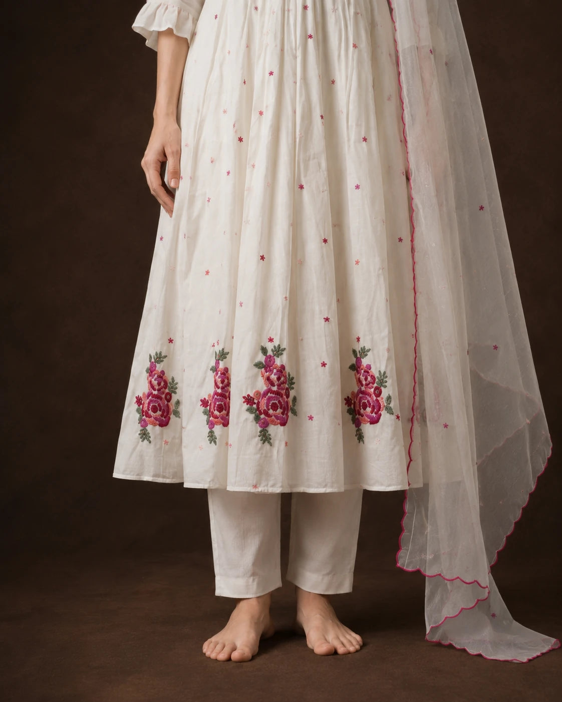 Off White Cotton Hand Embroidered Frock Suit Set