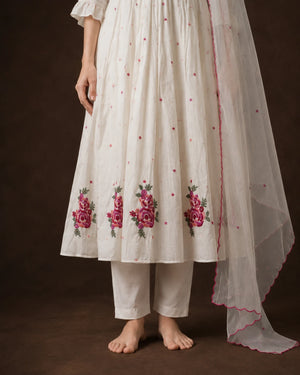 Off White Cotton Hand Embroidered Frock Suit Set