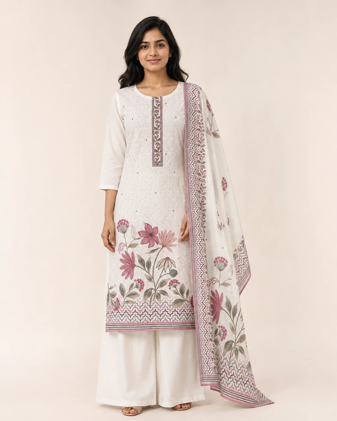 Off White Schiffli Embroidered Cotton Suit Set