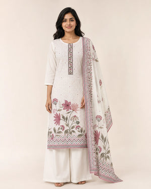 Off White Schiffli Embroidered Cotton Suit Set