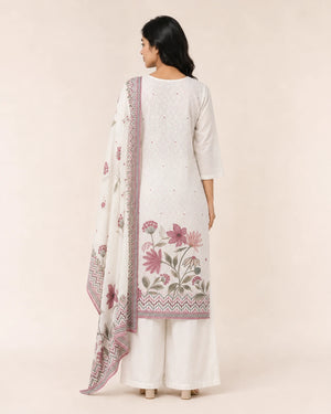Off White Schiffli Embroidered Cotton Suit Set
