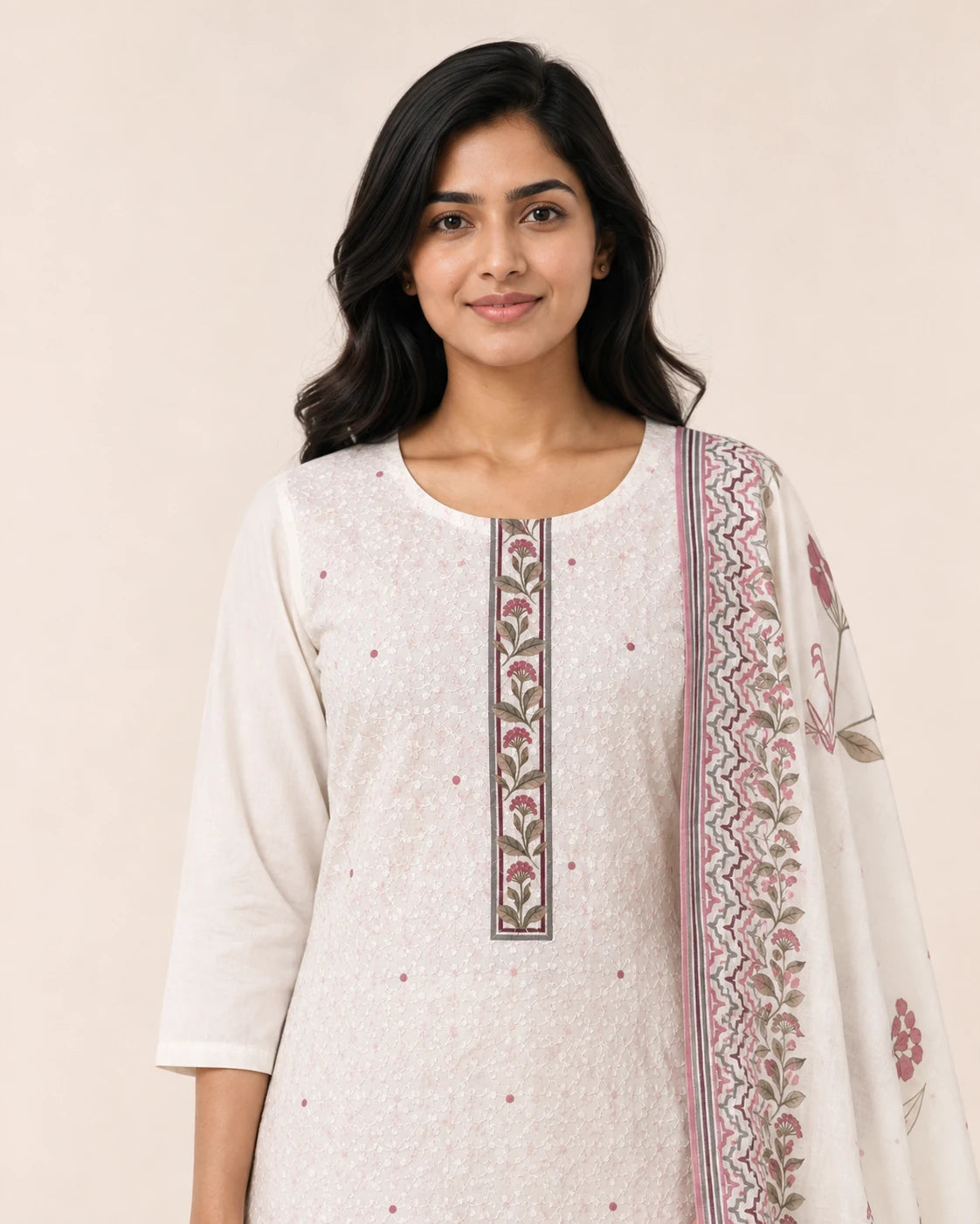 Off White Schiffli Embroidered Cotton Suit Set