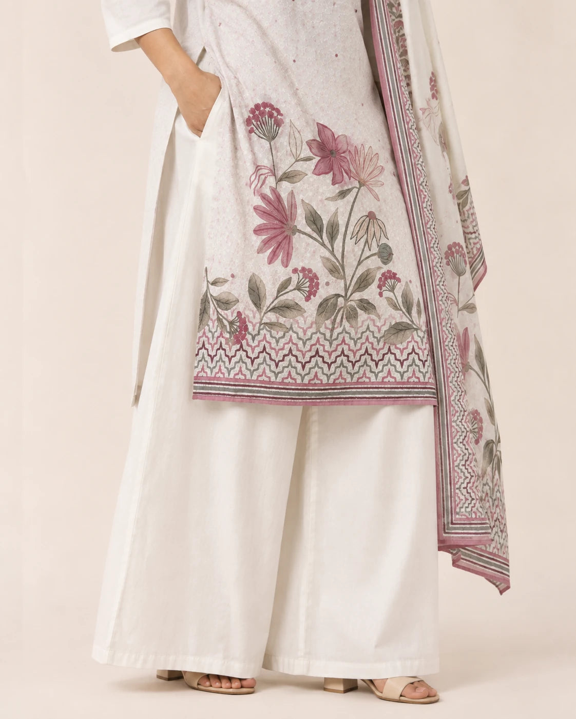 Off White Schiffli Embroidered Cotton Suit Set